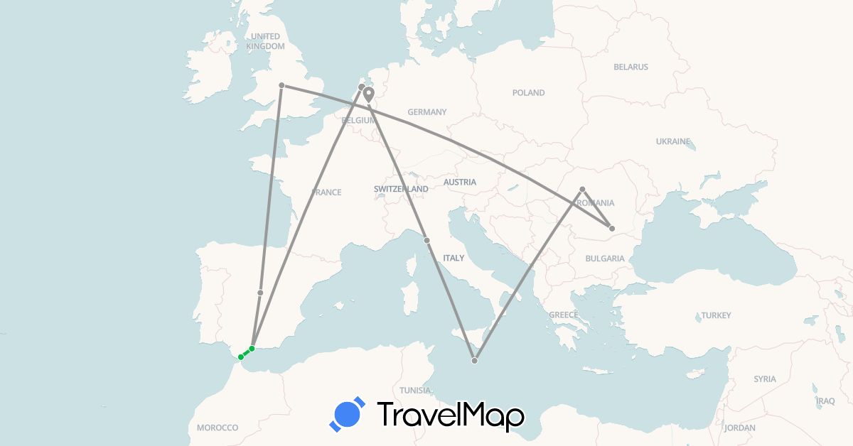 TravelMap itinerary: driving, bus, plane in Spain, United Kingdom, Gibraltar, Italy, Malta, Netherlands, Romania (Europe)